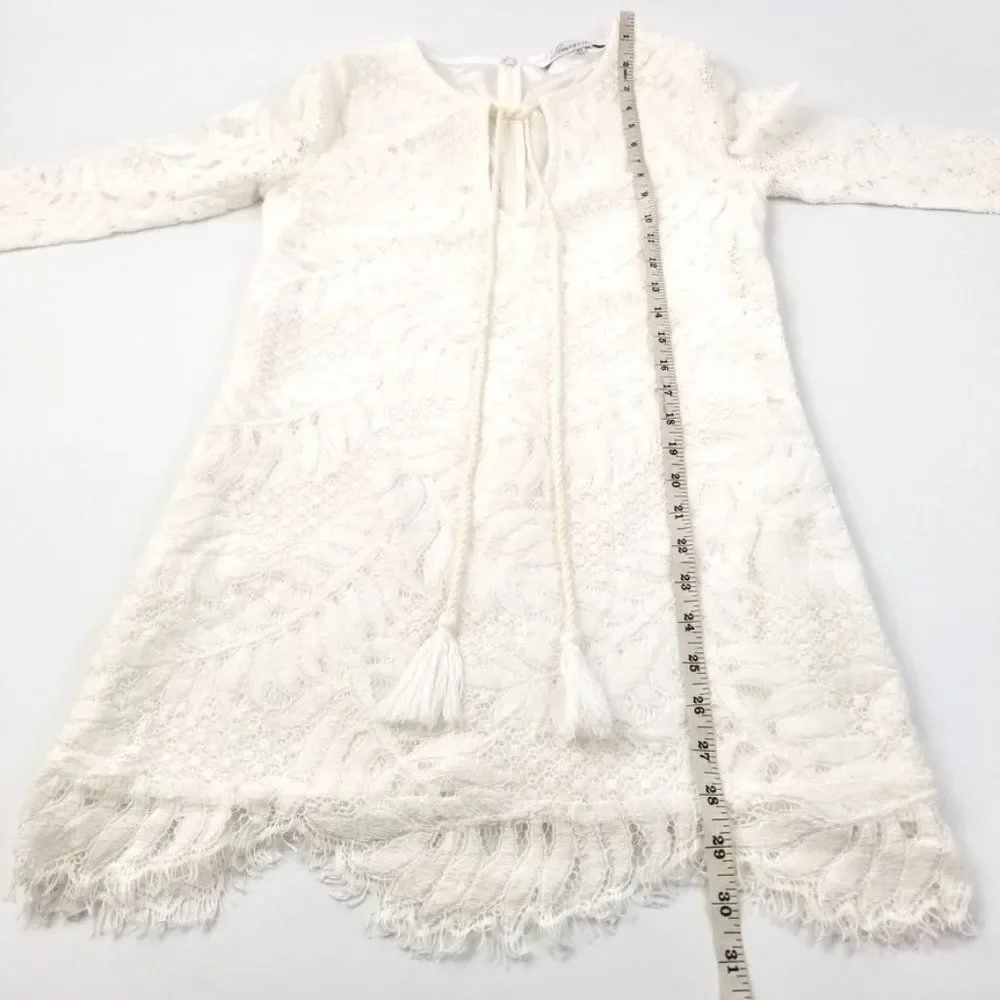 LOVERS + FRIENDS White Lace Tassel Tie Long Sleeve Boho Mini Dress Minimal 9XS